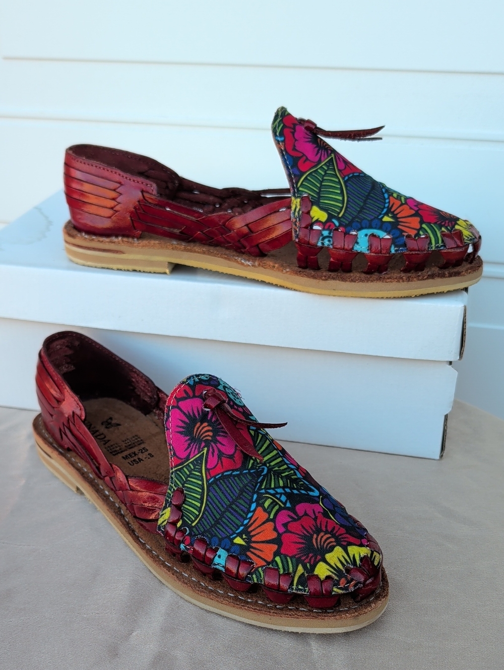 Women's Multicolor Floral Leather Slip-On Loafers, Handmade, Size 8